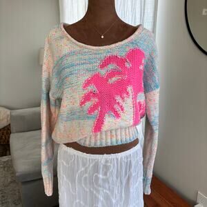 Anthropologie Palm Tree Boat Neck Beach Sweater Bright Pink Palm Trees Size XS